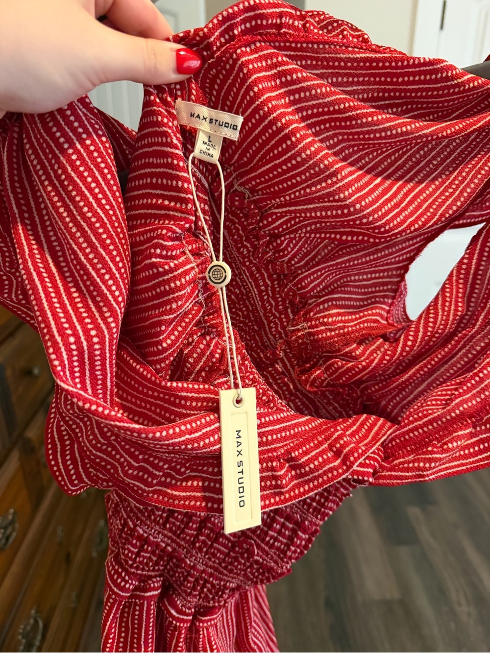 Red Smocked Ruffle-Strap jumpsuit - Picture 3 of 3